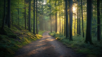 Obraz premium Forest trail winding through tall trees, sunlight filtering through the canopy, peaceful and serene atmosphere, perfect for hiking
