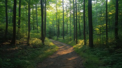 Obraz premium Forest trail winding through tall trees, sunlight filtering through the canopy, peaceful and serene atmosphere, perfect for hiking