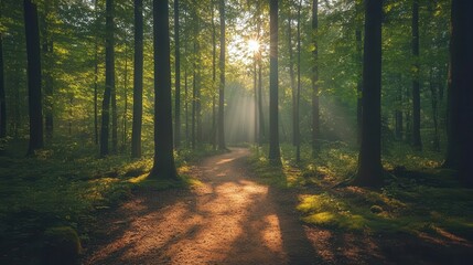 Obraz premium Forest trail winding through tall trees, sunlight filtering through the canopy, peaceful and serene atmosphere, perfect for hiking
