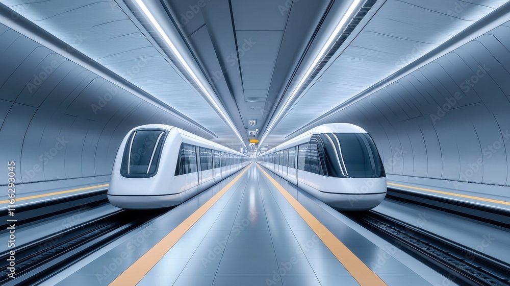 Poster modern subway station with sleek trains and minimalist architecture in a futuristic setting