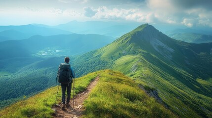 Obraz premium Mountain hiking, rugged trail leading to the peak, lush greenery and distant valleys, hiker with backpack, crisp morning air