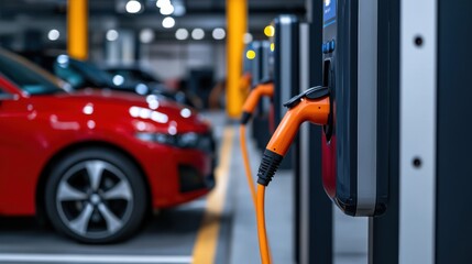 Electric Vehicle Charging Station in Modern Parking Garage with Cars in Background and Bright Lighting