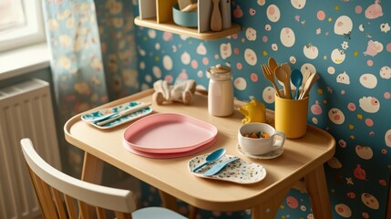 A cozy dining setup with colorful plates and utensils on a wooden table against a patterned wall.