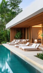 Obraz premium Modern luxury villa with a pool, elegant lounge chairs, and lush tropical landscape in serene environment