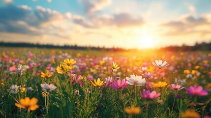Obraz premium Wildflowers blooming in an open meadow, colorful petals, bright sunlight, natural and untouched field, vibrant and lively nature