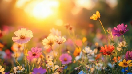 Wildflowers blooming in an open meadow, colorful petals, bright sunlight, natural and untouched field, vibrant and lively nature