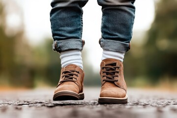 Little feet exploring the open path on a sunny day with brown shoes and rolled-up jeans
