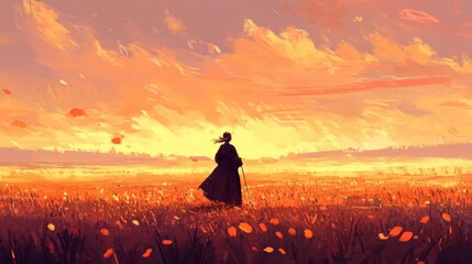 Worker in Crop Field During Warm Sunset Glow