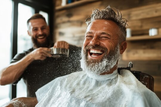 Grooming joyfully unfolds at a modern barbershop as laughter and fresh cuts create memorable moments for clients and barbers alike