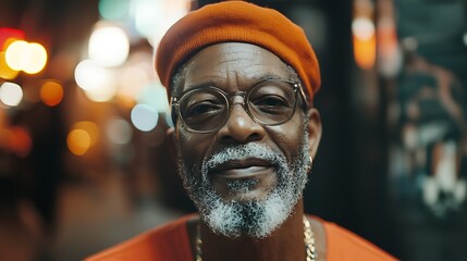 Close-up portrait of a smiling senior Black man wearing an orange beret and glasses at night.