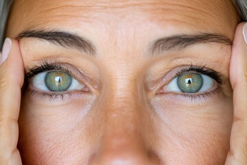 Expressive close-up of a woman's face showcasing her captivating green eyes and natural beauty during soft light in a serene setting