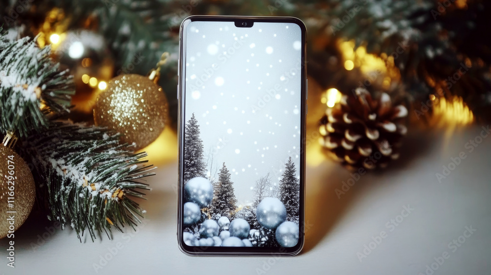 Aufkleber a smartphone displays a winter scene with trees and snow in a festive setting with ornaments. concep