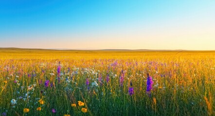 Fototapeta premium Flowering Grassland in the Savanna with a Clear Sky.