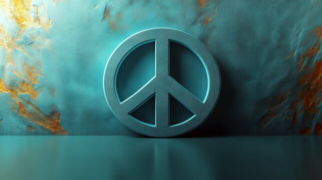 Peace symbol in vivid turquoise and gold textures on a reflective surface. Concept of tranquility and harmony. For artistic and interior decor inspiration.