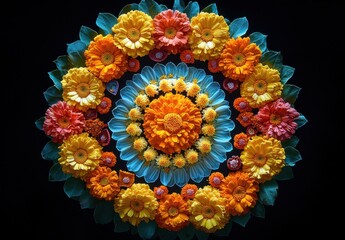 Vibrant Floral Mandala Arrangement with Bright Orange and Yellow Flowers on a Dark Background for Decor and Celebratory Themes