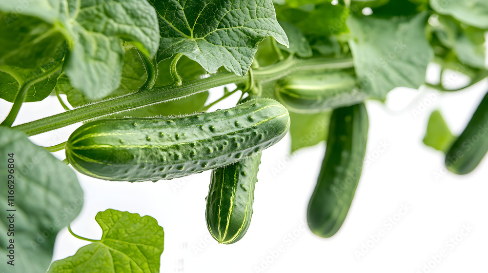 Poster a close-up of a cucumber vine with cucumbers growing along its length