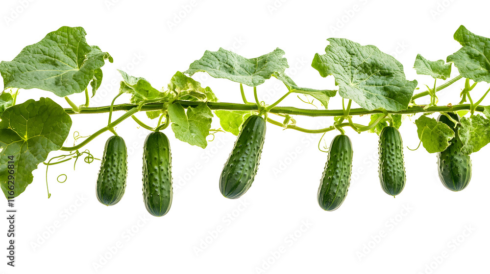 Poster a close-up of a cucumber vine with cucumbers growing along its length