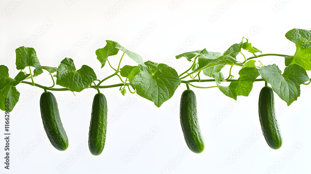Poster a close-up of a cucumber vine with cucumbers growing along its length