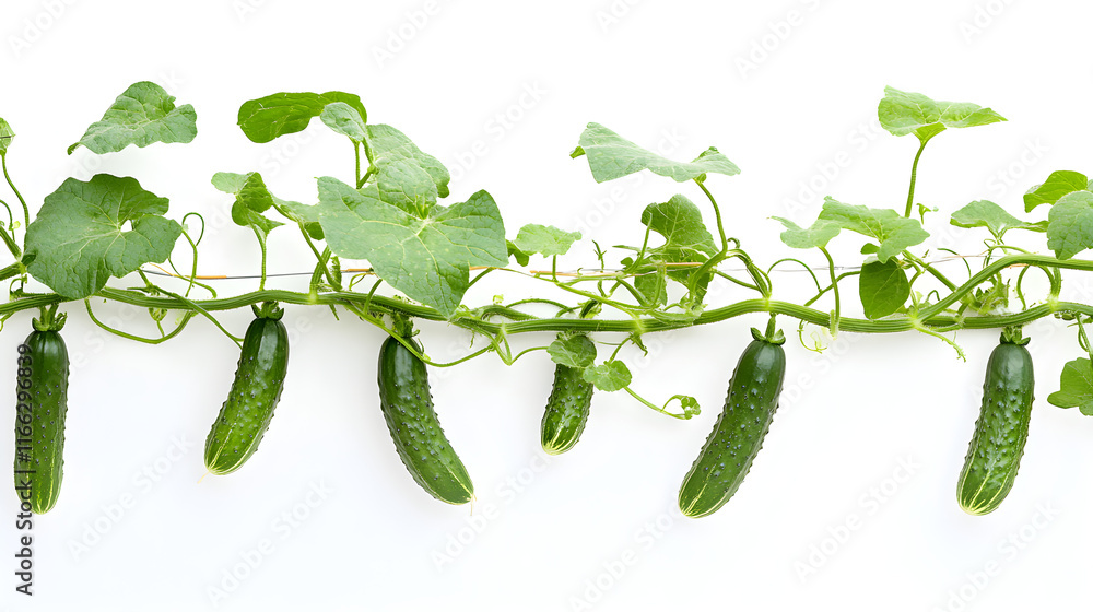 Poster a close-up of a cucumber vine with cucumbers growing along its length