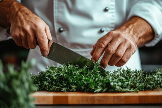 Expert chef skillfully chopping fresh herbs in a modern kitchen setting during a culinary session