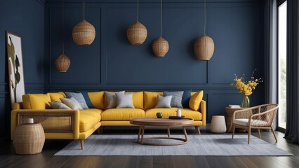 Living room interior mock-up with yellow sofa, wooden table and rattan home decoration