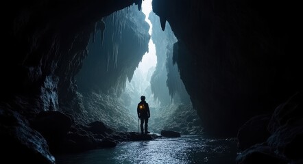 Obraz premium Professional Portrait of a Cave Explorer in a Mystical Depth.