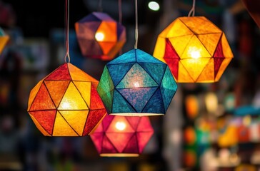 Vibrant Geometric Hanging Lights Featuring Multi-Colored Triangular Patterns Illuminating a Cozy Space with Unique Artistic Flair