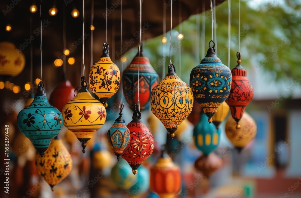 Aufkleber vibrant handcrafted lanterns displayed in a market setting with colorful designs and exotic patterns