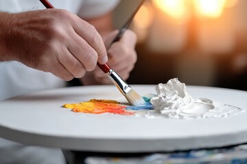 Creative expression flourishes as vibrant colors blend on the canvas with skillful brushstrokes and a vision