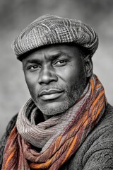 Man wearing a stylish cap and scarf gazes confidently at the camera with a serious expression, showcasing a textured backdrop and natural lighting