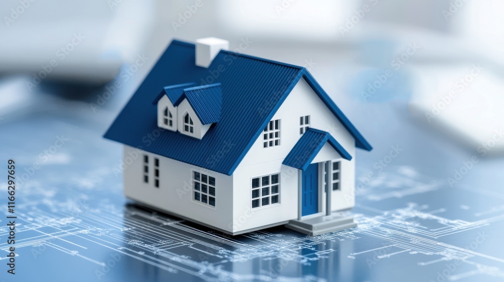 Poster model house on blueprints showing architectural design, planning concepts and housing development pr