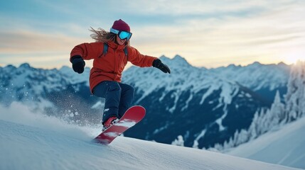 Young snowboarder carving through fresh snow on a stunning mountain landscape during sunset in winter