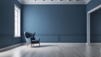 minimalist empty room with one armchair in the middle, stormy blue wall color