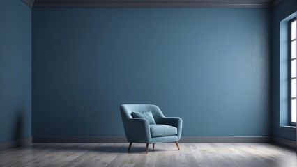 minimalist empty room with one armchair in the middle, stormy blue wall color