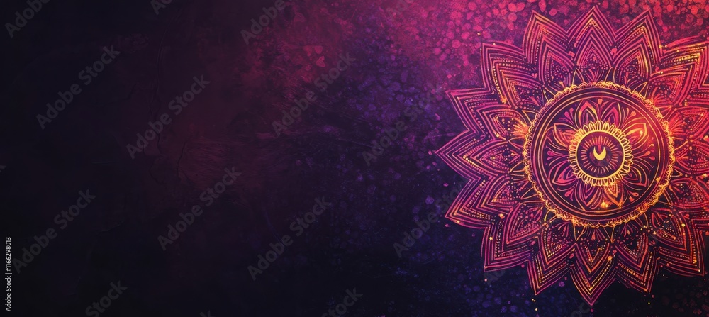 Poster vibrant mandala design with intricate patterns and colorful gradients on a dark background, perfect 