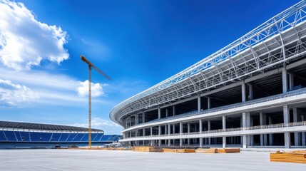 Modern Stadium Construction with Crane and Clear Blue Sky Under Bright Sunlight in Urban Environment