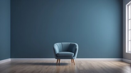 minimalist empty room with one armchair in the middle, stormy blue wall color