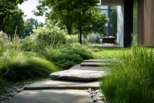 Serene garden pathway leading to modern outdoor lounge in bright daylight