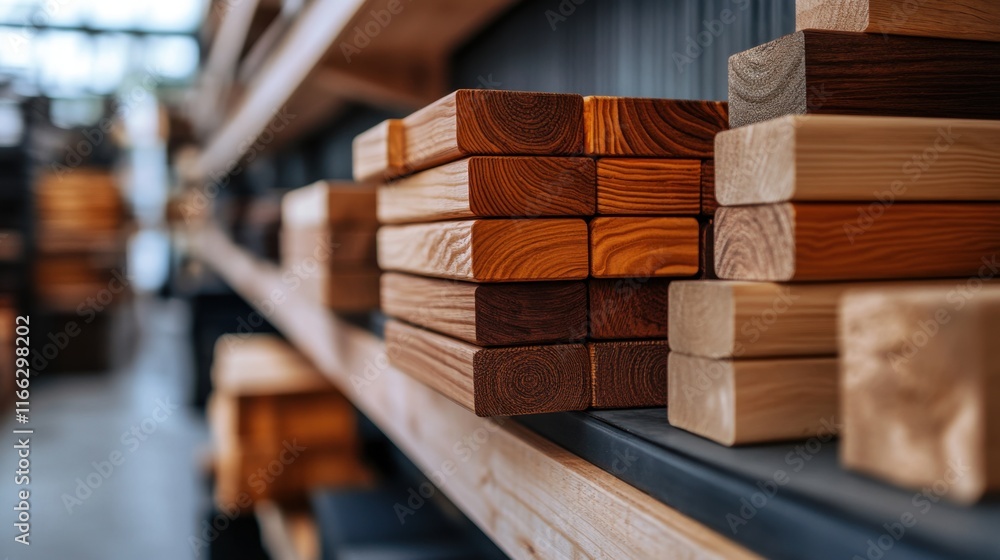 Poster close-up view of various wooden blocks stacked on shelves in a bright workshop environment