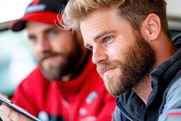 Group of friends enjoying a leisurely moment at a motorsport event with enthusiasm and camaraderie