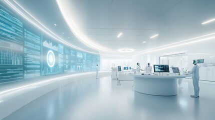 Futuristic laboratory with advanced technology and researchers engaged in scientific work.