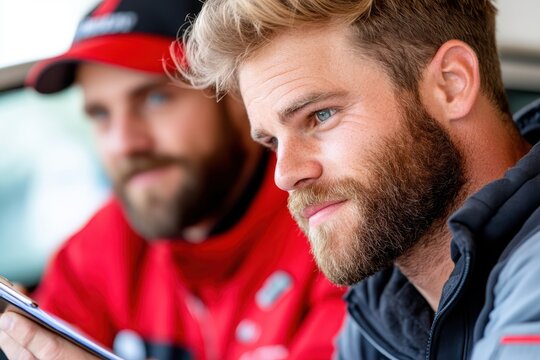 Group of friends enjoying a leisurely moment at a motorsport event with enthusiasm and camaraderie