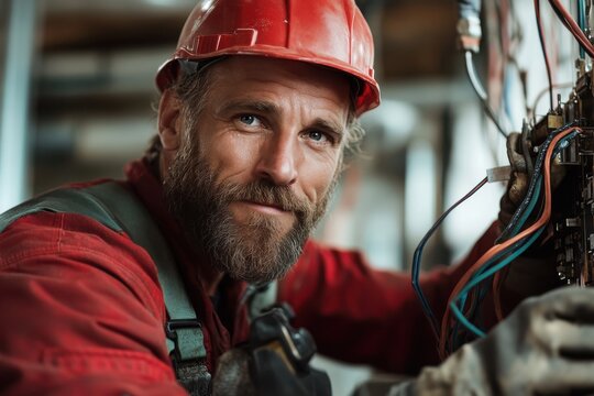 Skilled electrician working on wiring in industrial setting, focused and determined during daytime repairs