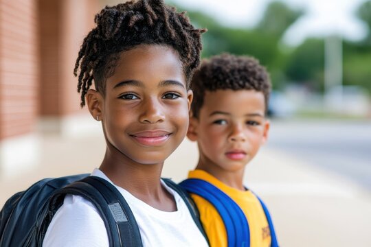 Smiling boys enjoy a sunny day after school, ready for afternoon adventures together in their neighborhood