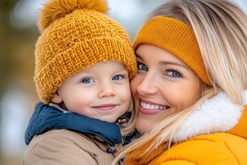Smiles and warmth on a chilly day with a mother and her adorable child enjoying winter together