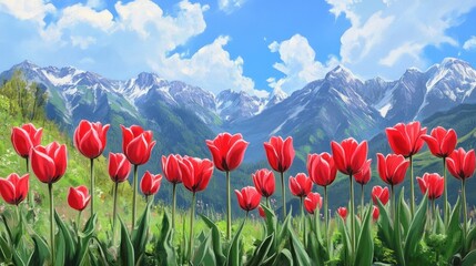 Scenic view of red tulips against snowy mountains.