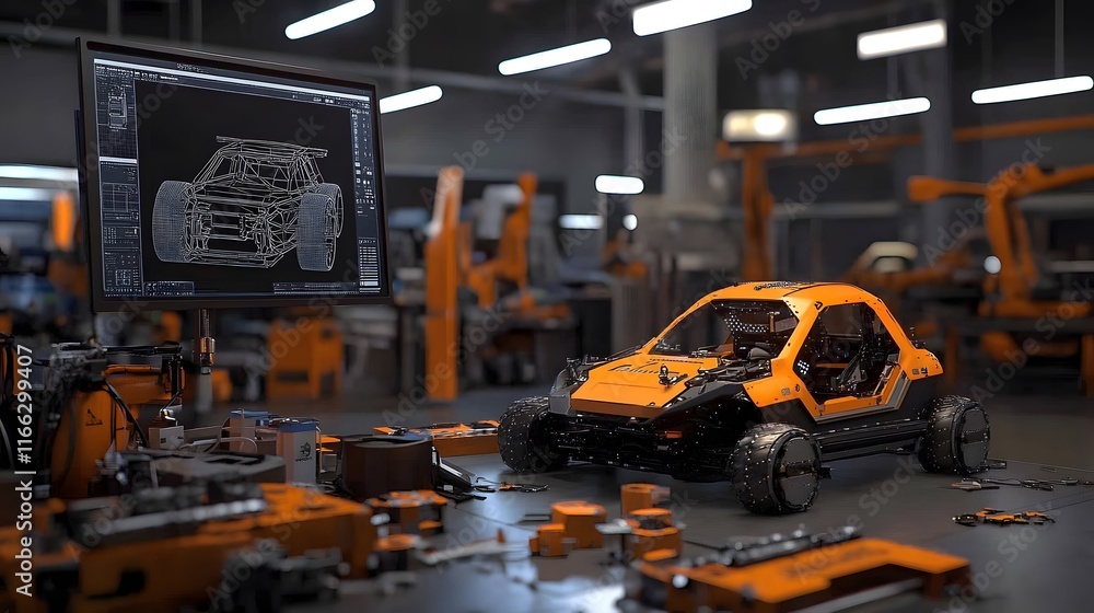 Poster a vibrant orange prototype buggy sits on a factory floor, next to a computer screen displaying its c