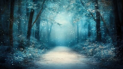 Obraz premium Mystical Forest Path Shrouded in Blue Fog with Soft Ethereal Light