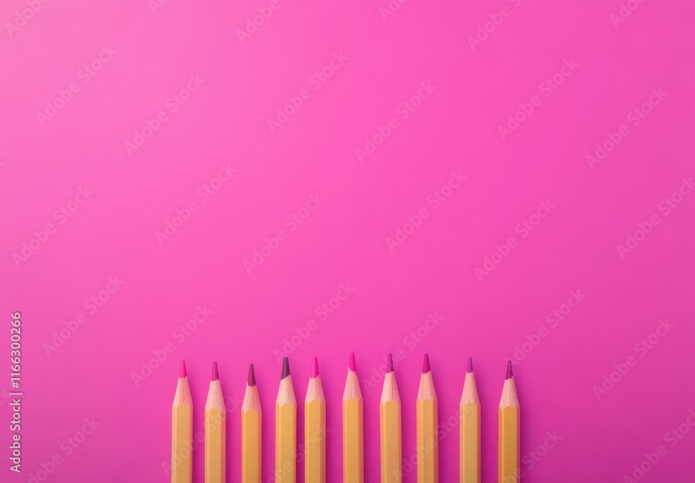 Poster vibrant yellow colored pencils arranged in a row with pink background for creative and artistic back