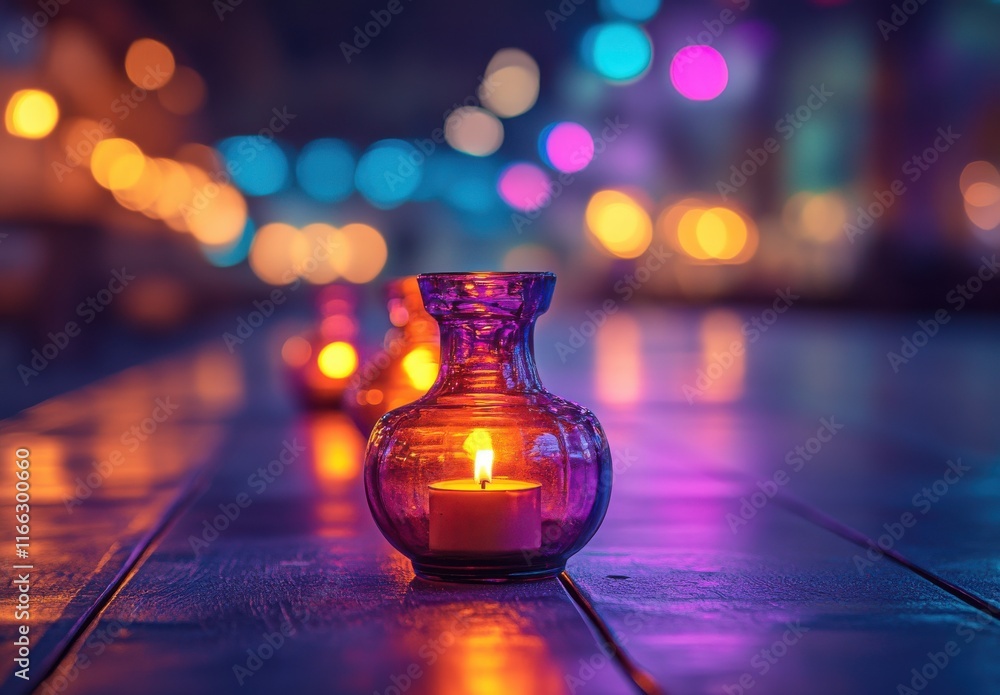 Poster warm and inviting scene of colorful candle holders glowing in the darkness, creating a tranquil and 